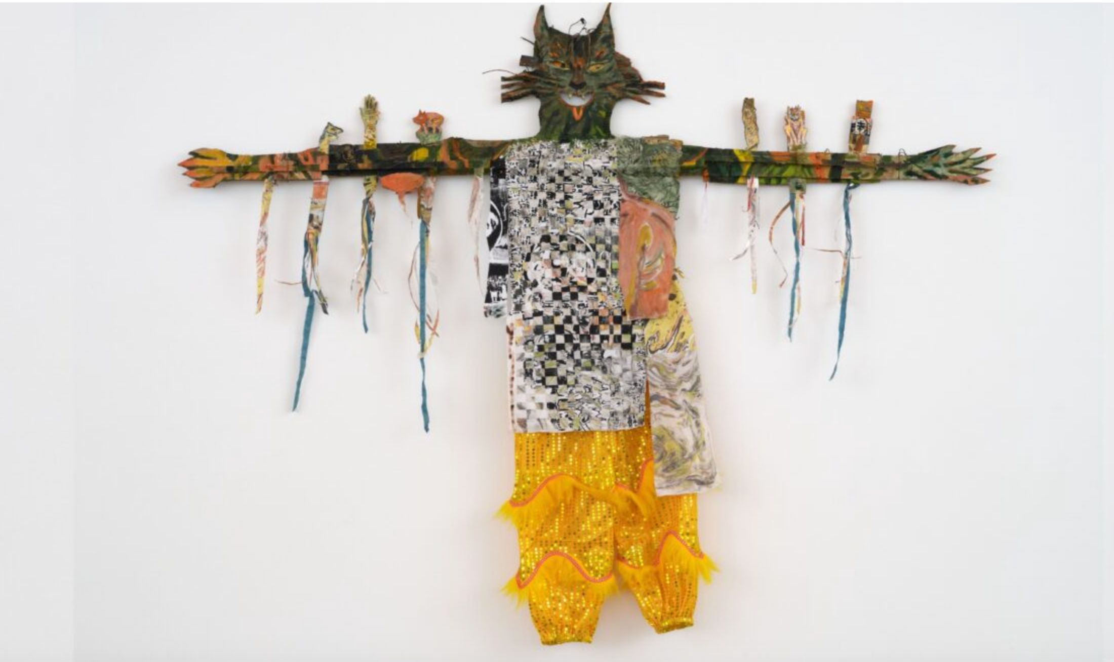 Candice Lin, Crucifixion, 2025, Oil pastel, oil paint and coloured pencil on casein gesso on cardboard, iron bailing wire, painted, marbled, silkscreened, and woven textile pieces, copper sheet metal, lion dance costume sequin pants, 133 × 183 × 8 cm. Image courtesy the artist and François Ghebaly, Los Angeles, New York. Photo: Paul Salveson.  Untitled-59 Candice Lin, Detail of Crucifixion, 2025, Oil pastel, oil paint and coloured pencil on casein gesso on cardboard, iron bailing wire, painted, marbled, silkscreened, and woven textile pieces, copper sheet metal, lion dance costume sequin pants, 133 × 183 × 8 cm. Image courtesy the artist and François Ghebaly, Los Angeles, New York. Photo: Paul Salveson.