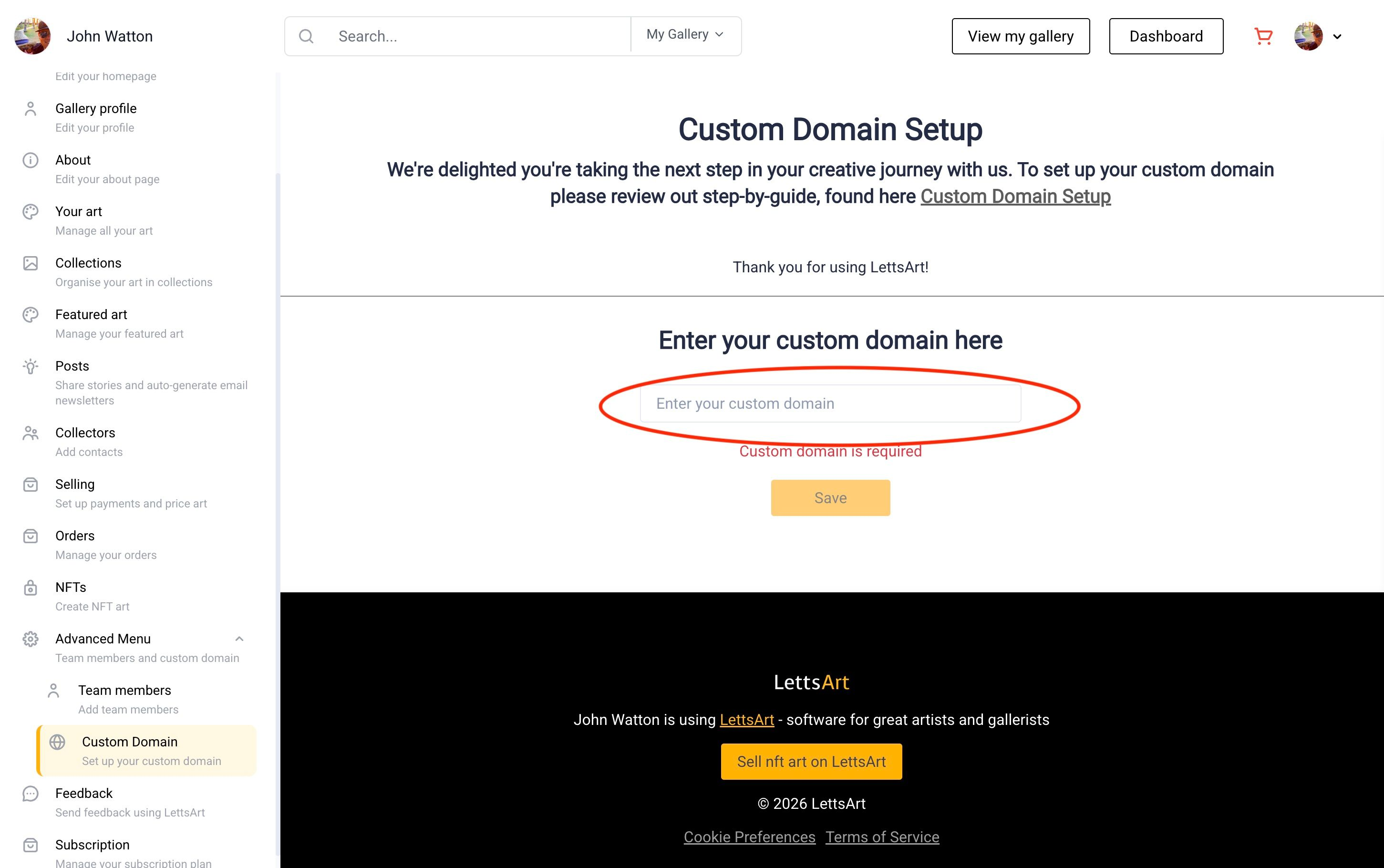 Choose your custom domain. LettsArt will check its OK!